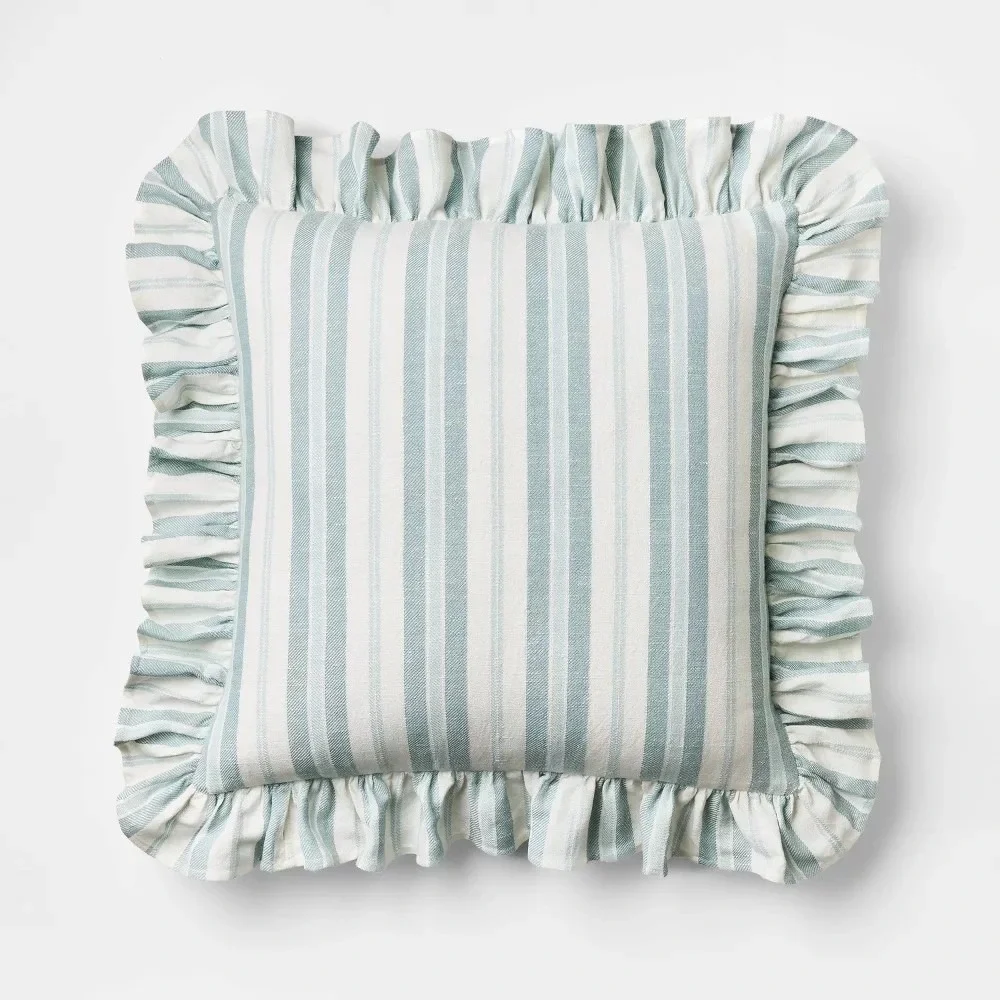 Square Woven Stripe Throw Pillow with Ruffle Blue/Ivory - Threshold Studio McGee